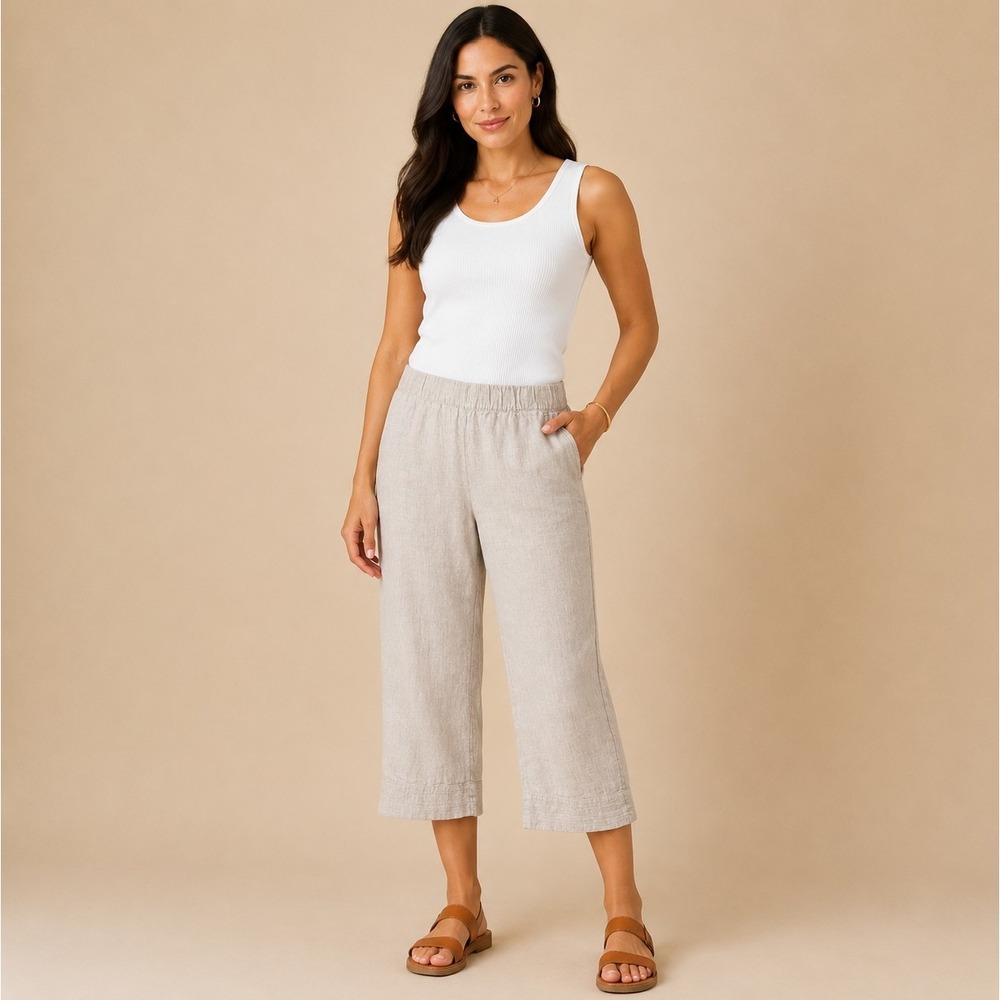 Pure Jill Women's Beige Linen Pull-On Cropped Wide-Leg Pants Pockets XS